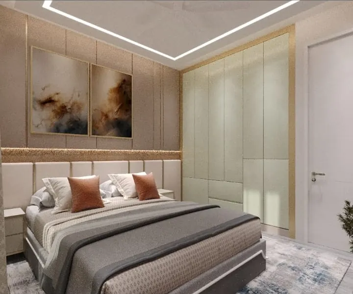 Bedroom interior design with panelled headboard wall and wardrobe