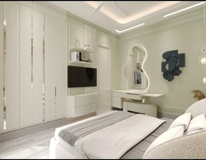 Bedroom design with TV unit, dresser and wall decor