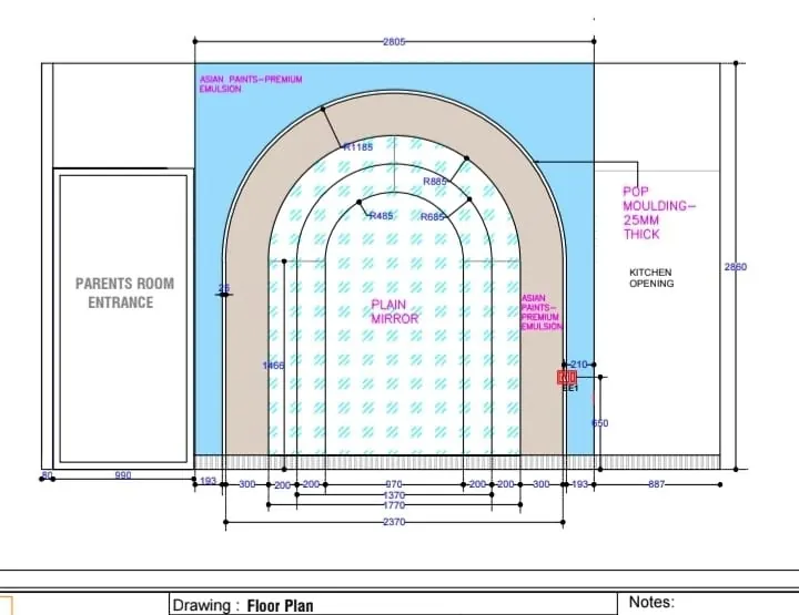 Interior design working drawing with arch detail